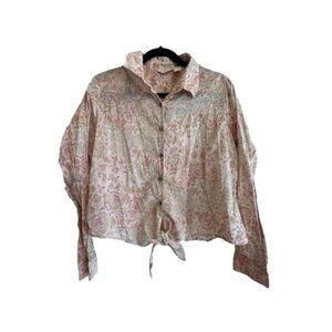 J Jill blouse size L 100% cotton green dark pink orange ditsy floral print